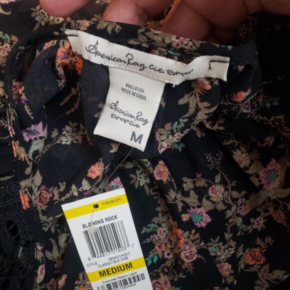American Rag Cie Women's Top Medium Black Floral Boho Chic Flowy Crochet Tri - Picture 8 of 9